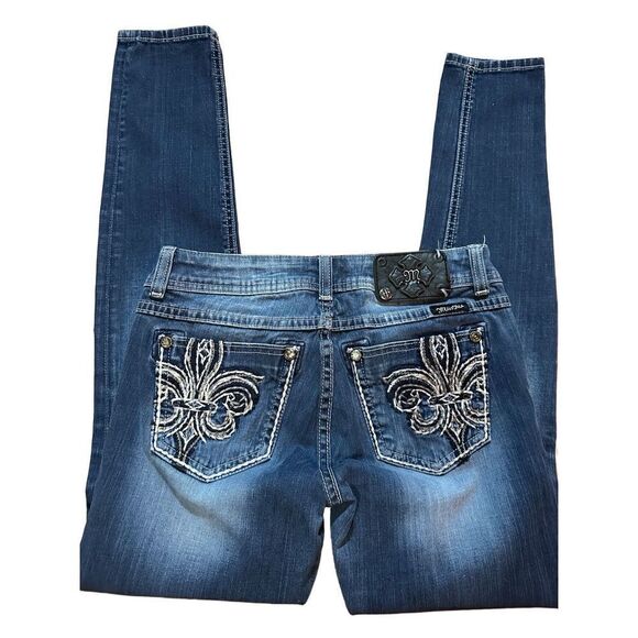 Miss Me Fleur De Lis Dark Wash Low Rise Skinny Jeans Size 28 JP5182G - Picture 9 of 10